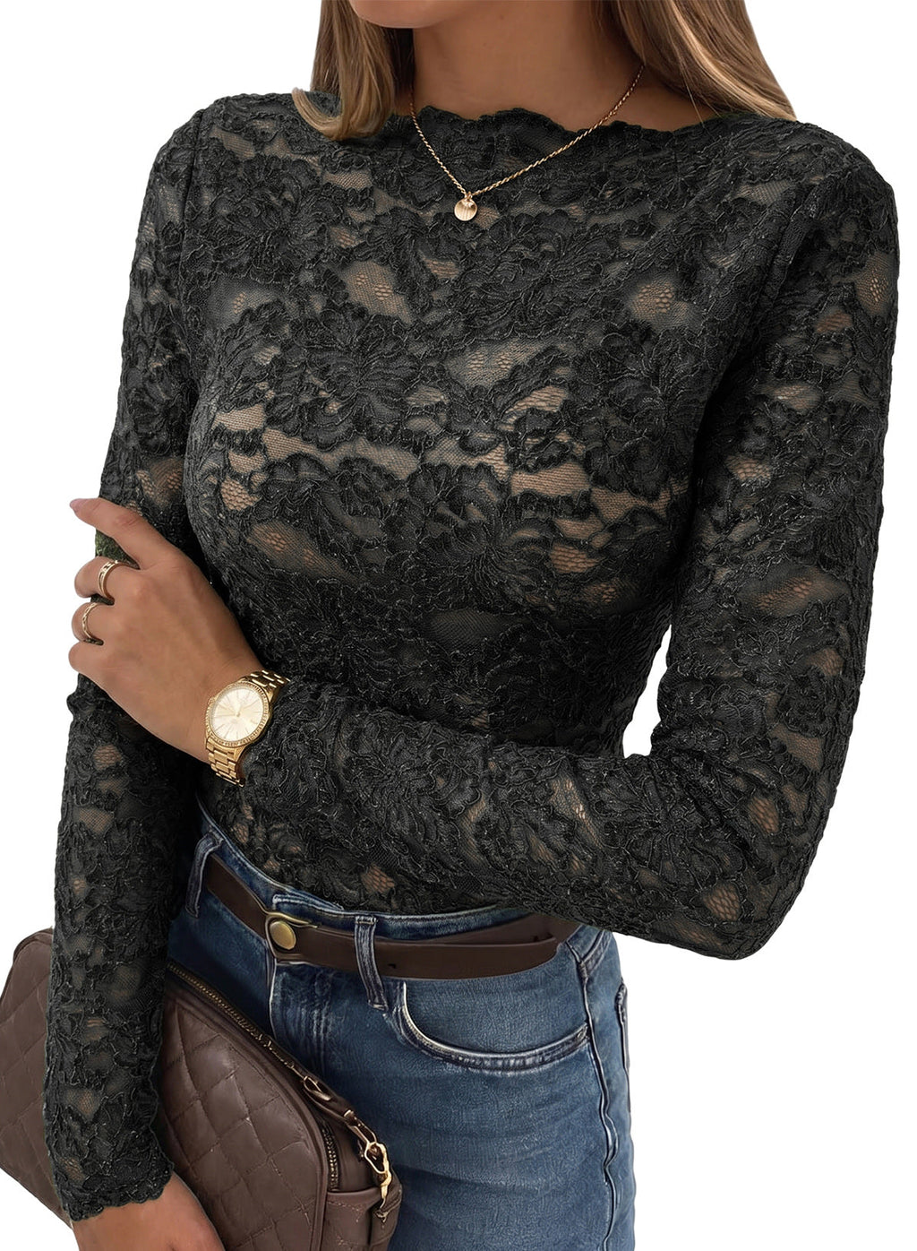 Dokotoo Lace Long Sleeve Tops for Women Sheer Mesh Fall Y2K Blouse 2026