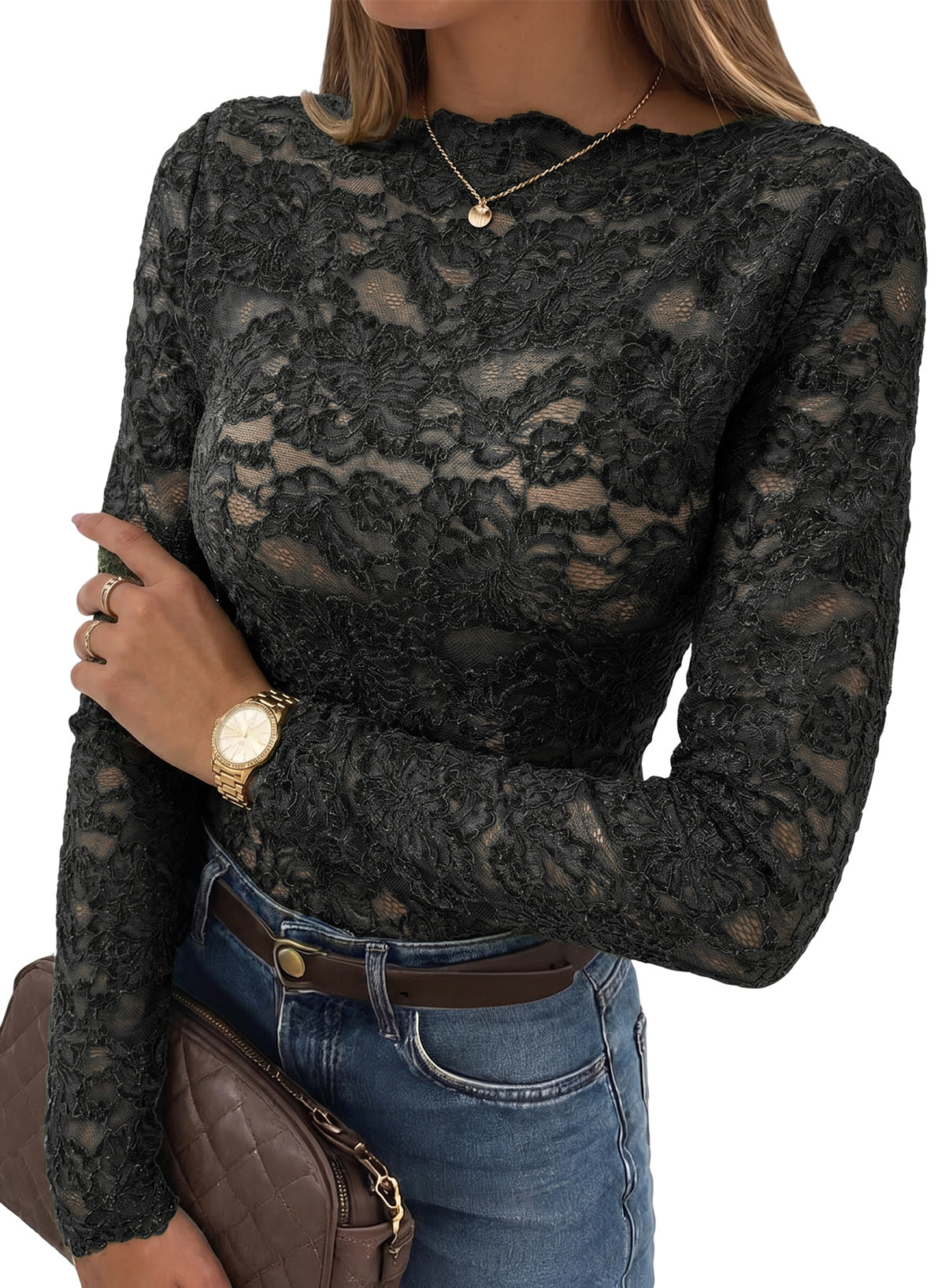 Dokotoo Lace Long Sleeve Tops for Women Sheer Mesh Fall Y2K Blouse 2026