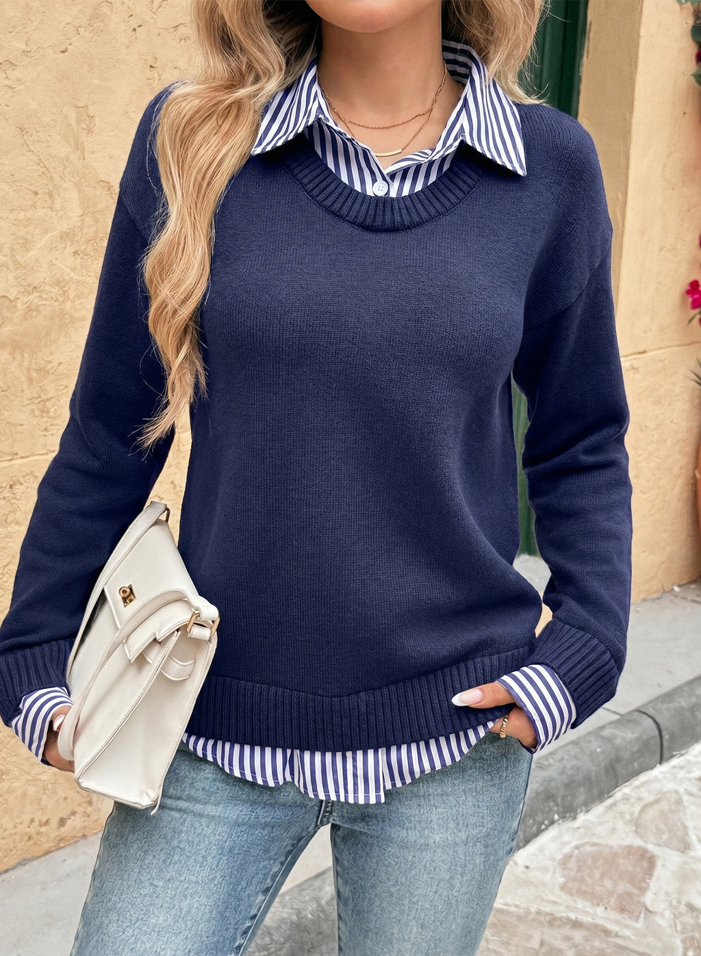 Dokotoo Sweaters for Women Long Sleeve Striped 2 in 1 V Neck Polo Pullover Sweater