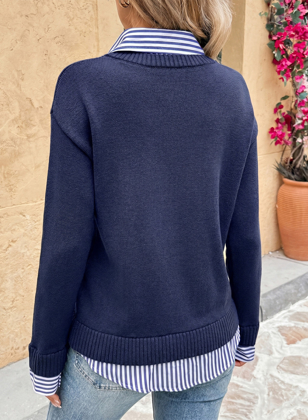 Dokotoo Sweaters for Women Long Sleeve Striped 2 in 1 V Neck Polo Pullover Sweater