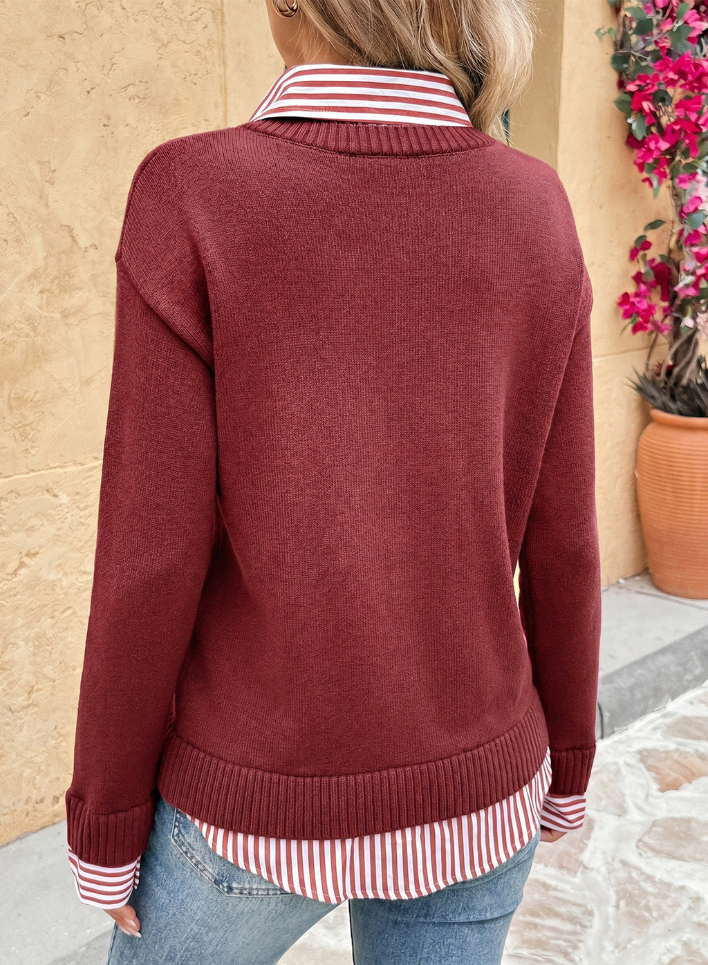Dokotoo Sweaters for Women Long Sleeve Striped 2 in 1 V Neck Polo Pullover Sweater