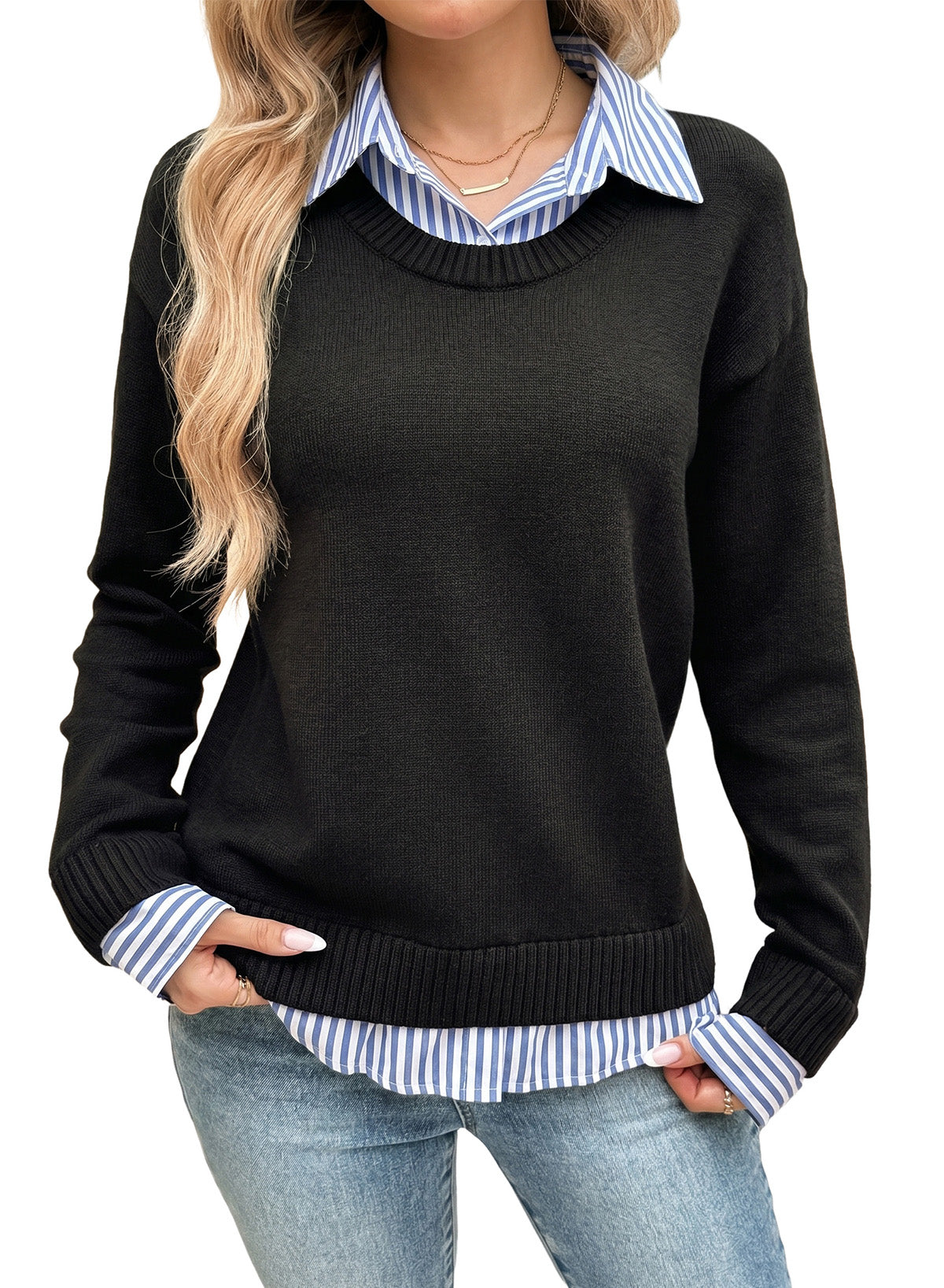 Dokotoo Sweaters for Women Long Sleeve Striped 2 in 1 V Neck Polo Pullover Sweater