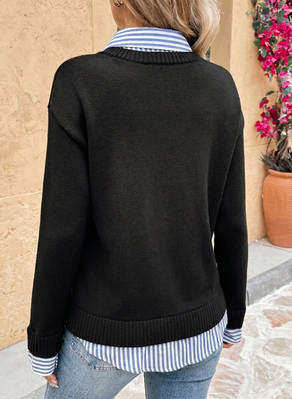 Dokotoo Sweaters for Women Long Sleeve Striped 2 in 1 V Neck Polo Pullover Sweater