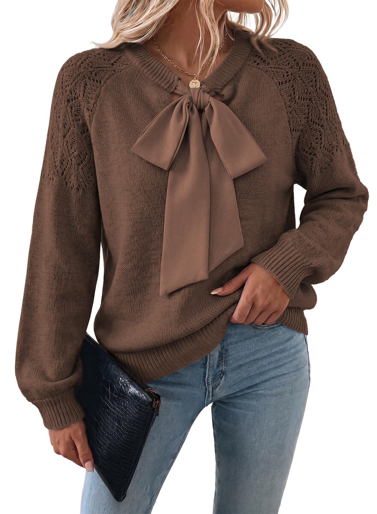 Dokotoo Sweaters for Women Crochet Hollow Out Bow Knot Crewneck Knit Tops