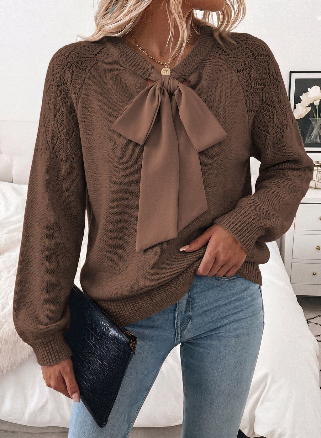 Dokotoo Sweaters for Women Crochet Hollow Out Bow Knot Crewneck Knit Tops