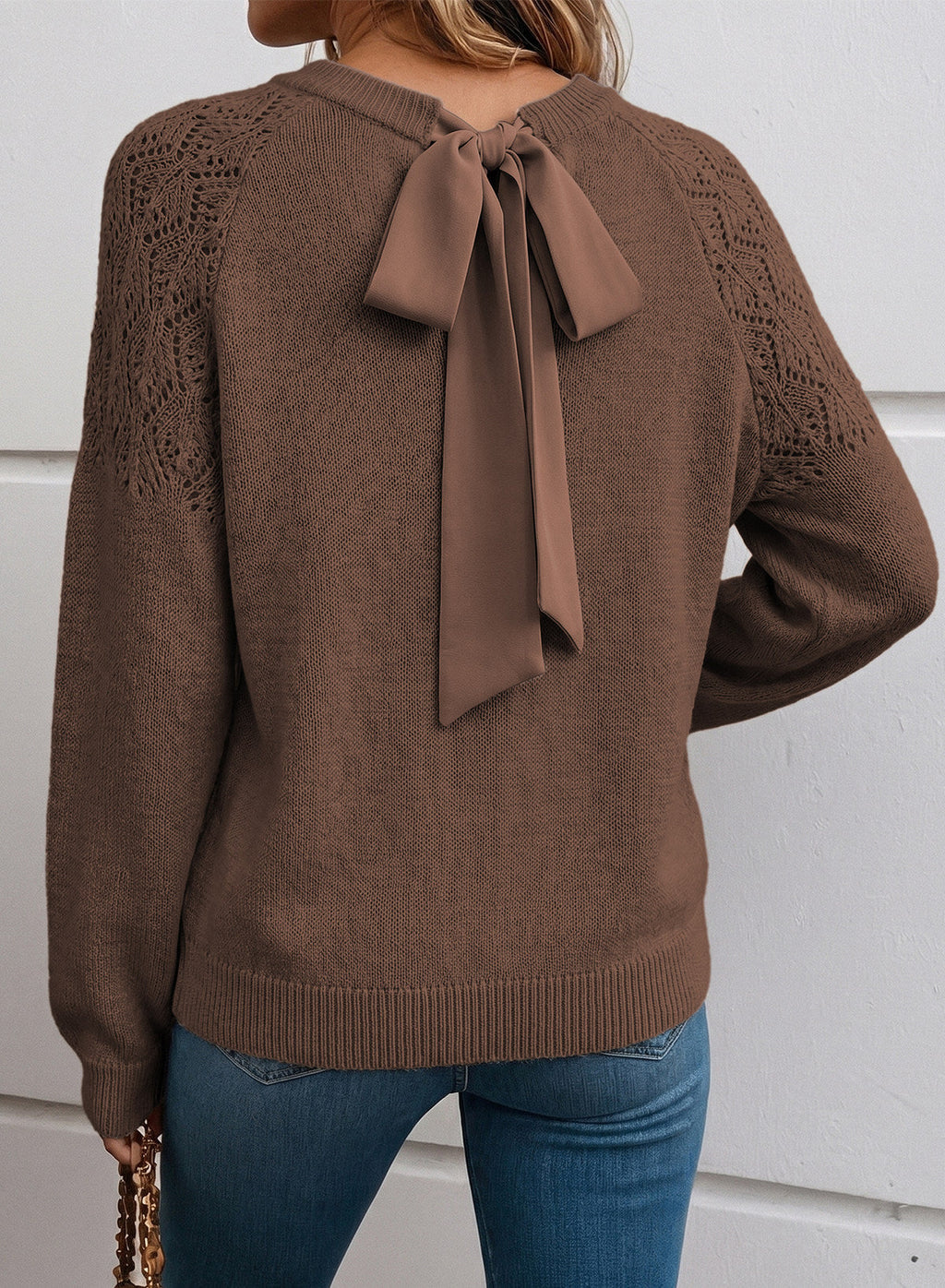 Dokotoo Sweaters for Women Crochet Hollow Out Bow Knot Crewneck Knit Tops