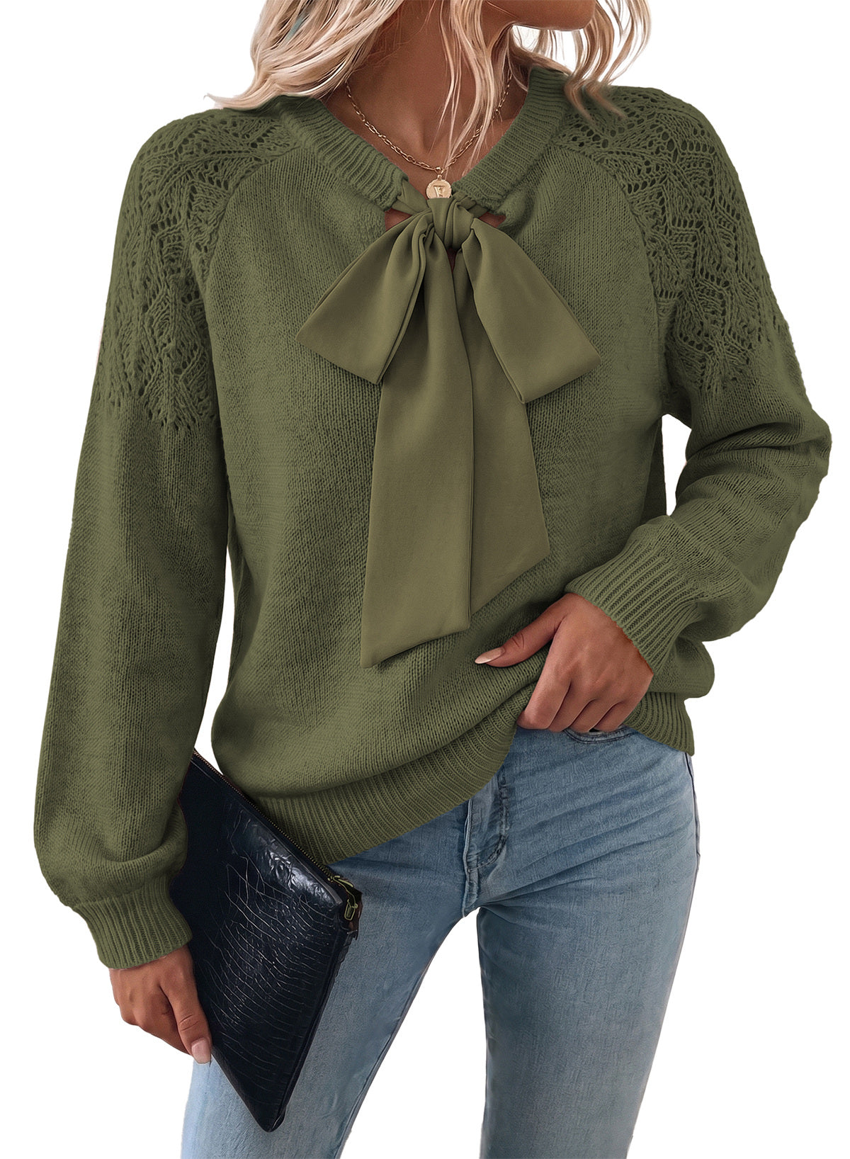 Dokotoo Sweaters for Women Crochet Hollow Out Bow Knot Crewneck Knit Tops