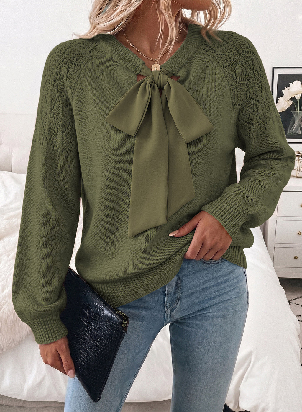 Dokotoo Sweaters for Women Crochet Hollow Out Bow Knot Crewneck Knit Tops