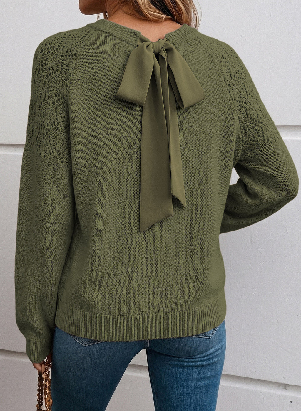 Dokotoo Sweaters for Women Crochet Hollow Out Bow Knot Crewneck Knit Tops