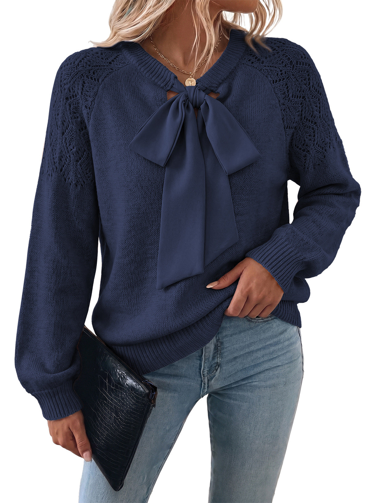 Dokotoo Sweaters for Women Crochet Hollow Out Bow Knot Crewneck Knit Tops