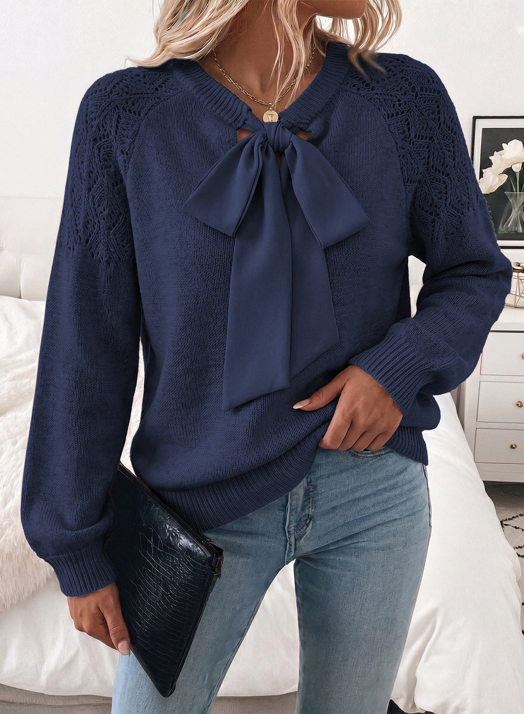 Dokotoo Sweaters for Women Crochet Hollow Out Bow Knot Crewneck Knit Tops