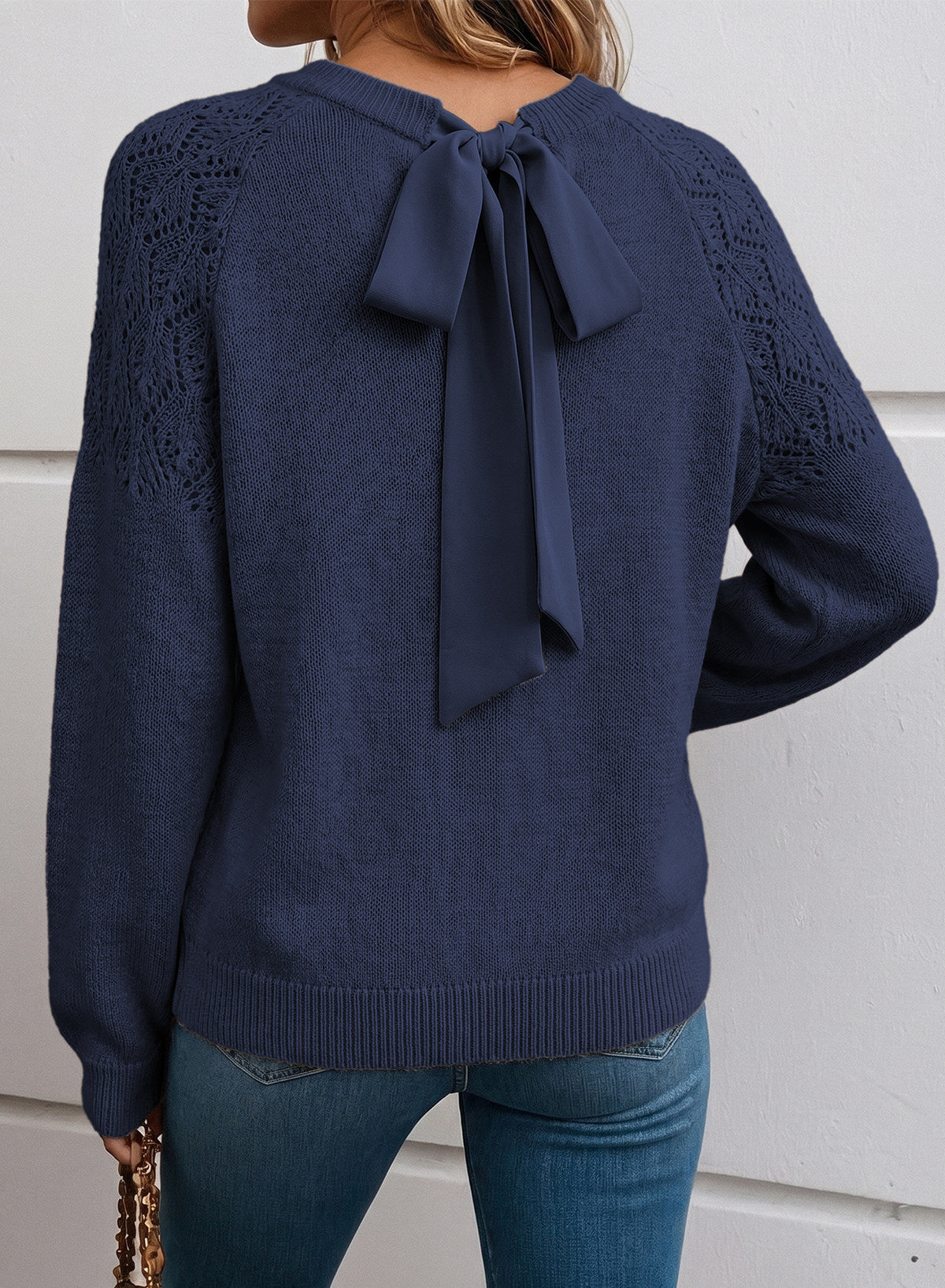 Dokotoo Sweaters for Women Crochet Hollow Out Bow Knot Crewneck Knit Tops
