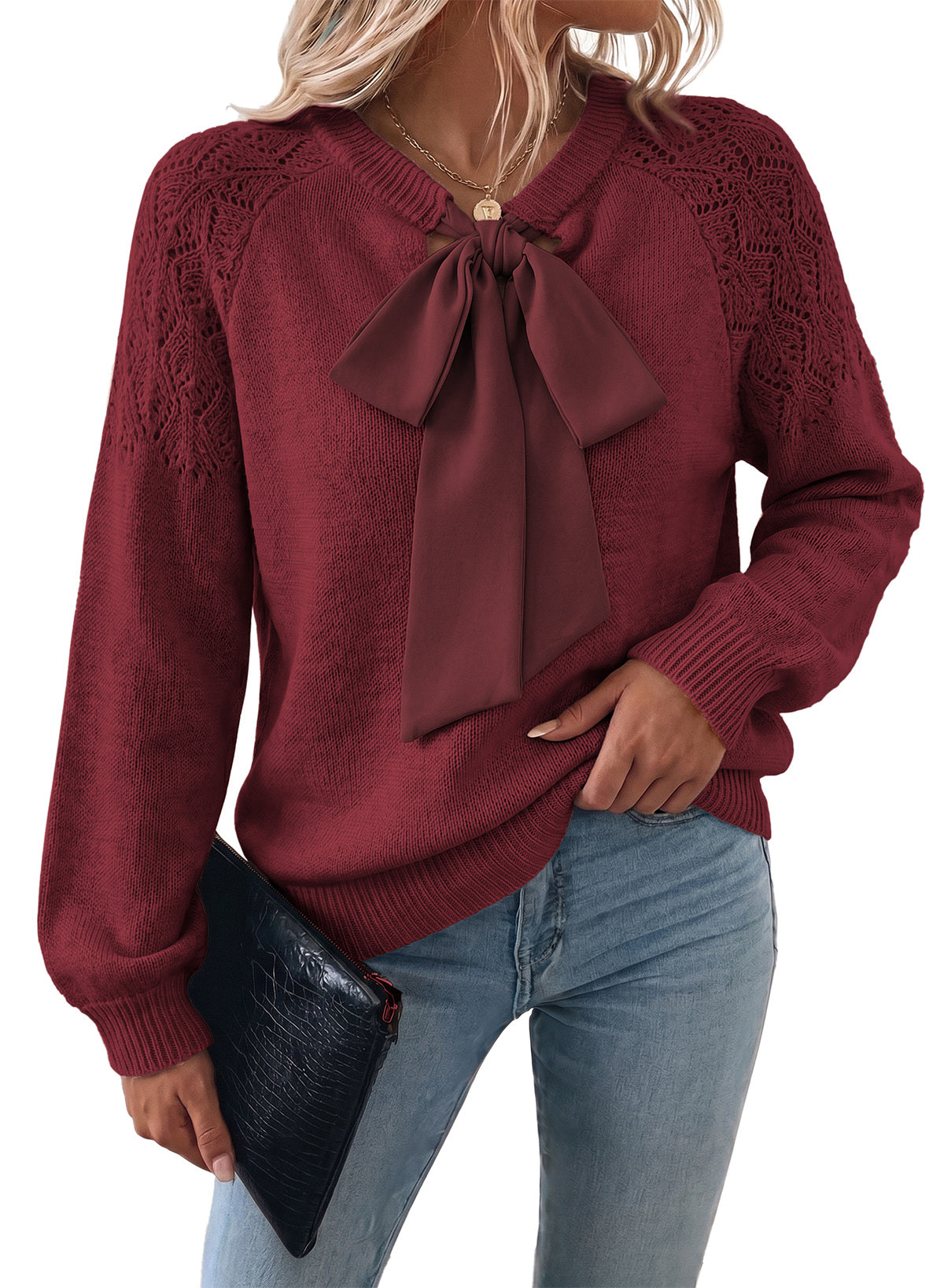 Dokotoo Sweaters for Women Crochet Hollow Out Bow Knot Crewneck Knit Tops