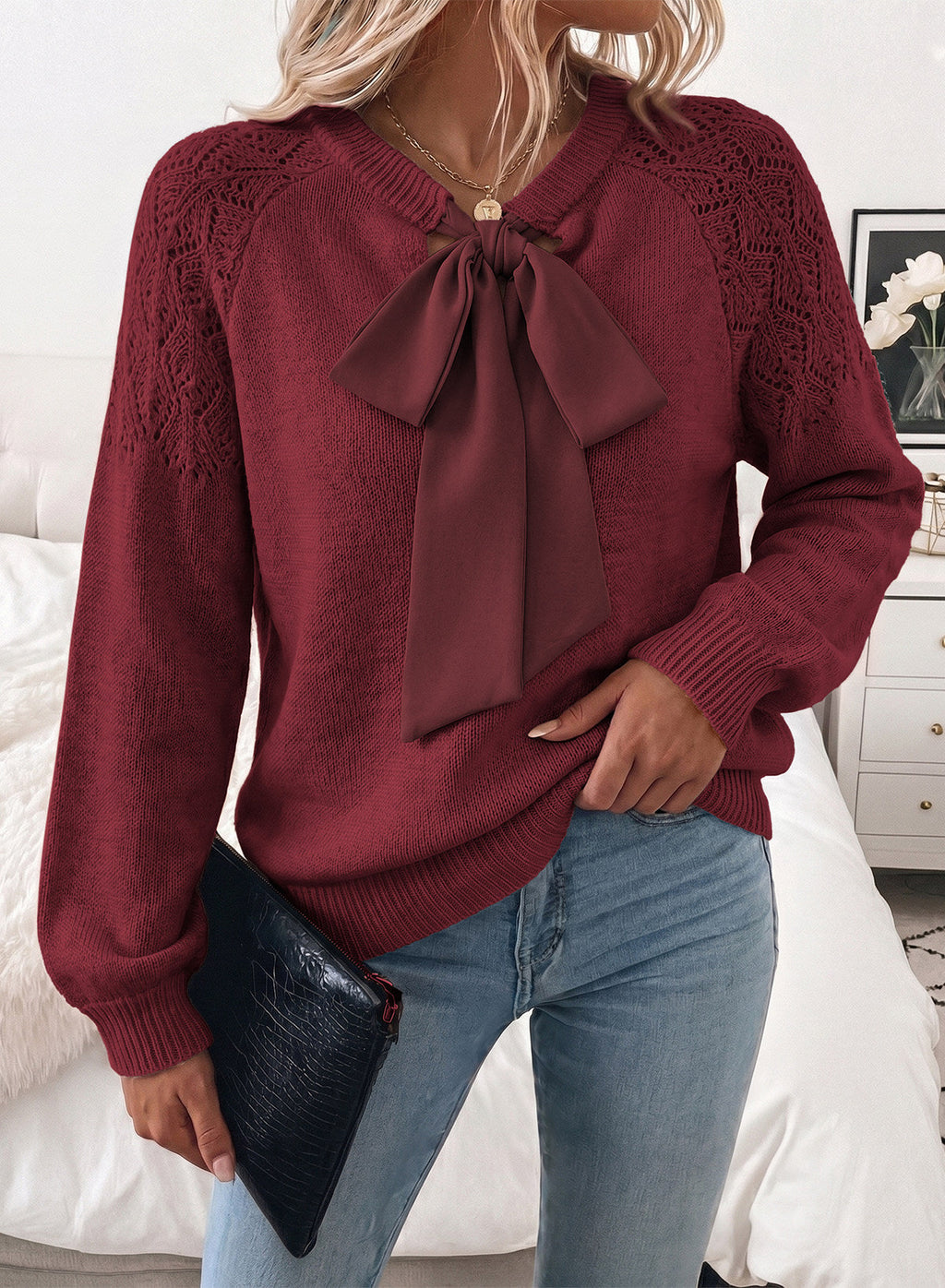 Dokotoo Sweaters for Women Crochet Hollow Out Bow Knot Crewneck Knit Tops