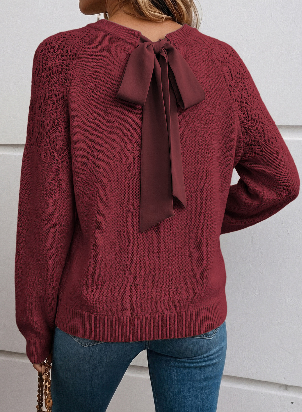 Dokotoo Sweaters for Women Crochet Hollow Out Bow Knot Crewneck Knit Tops