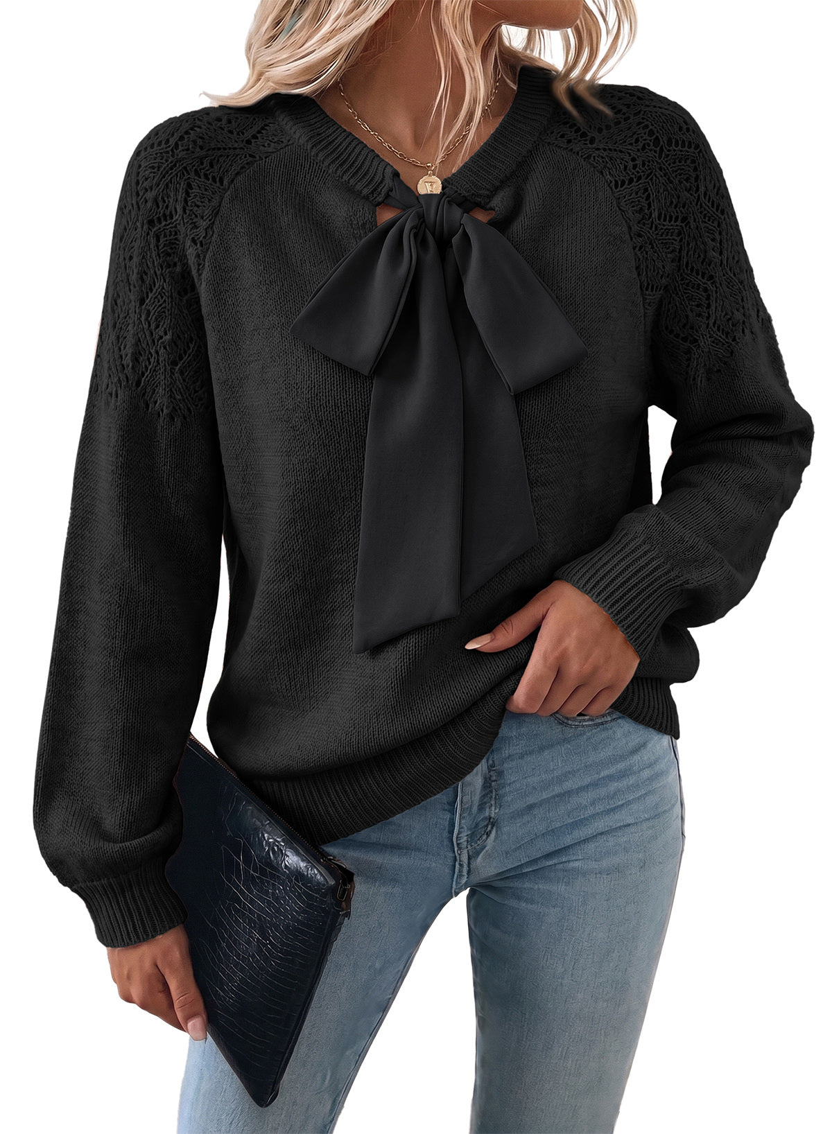 Dokotoo Sweaters for Women Crochet Hollow Out Bow Knot Crewneck Knit Tops