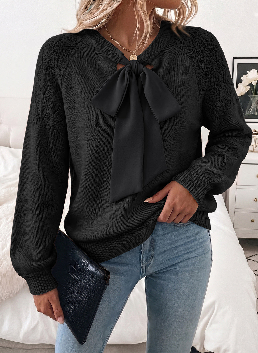 Dokotoo Sweaters for Women Crochet Hollow Out Bow Knot Crewneck Knit Tops