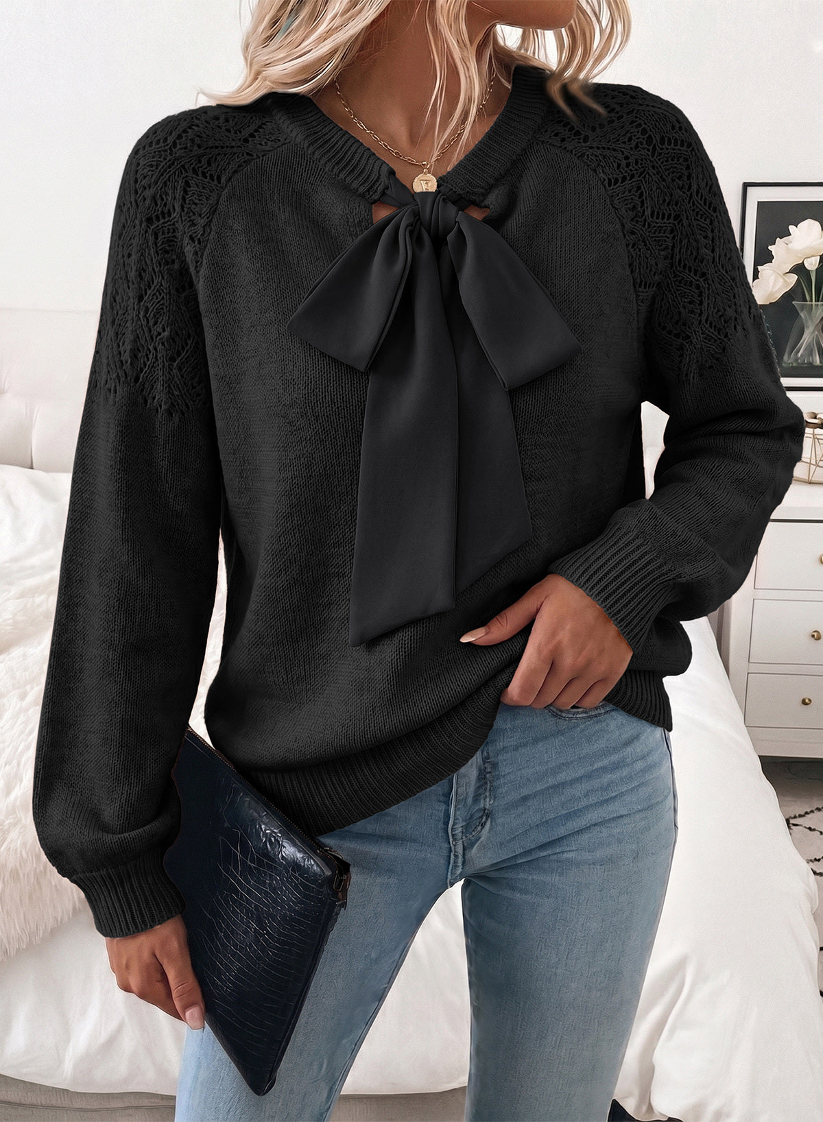 Dokotoo Sweaters for Women Crochet Hollow Out Bow Knot Crewneck Knit Tops