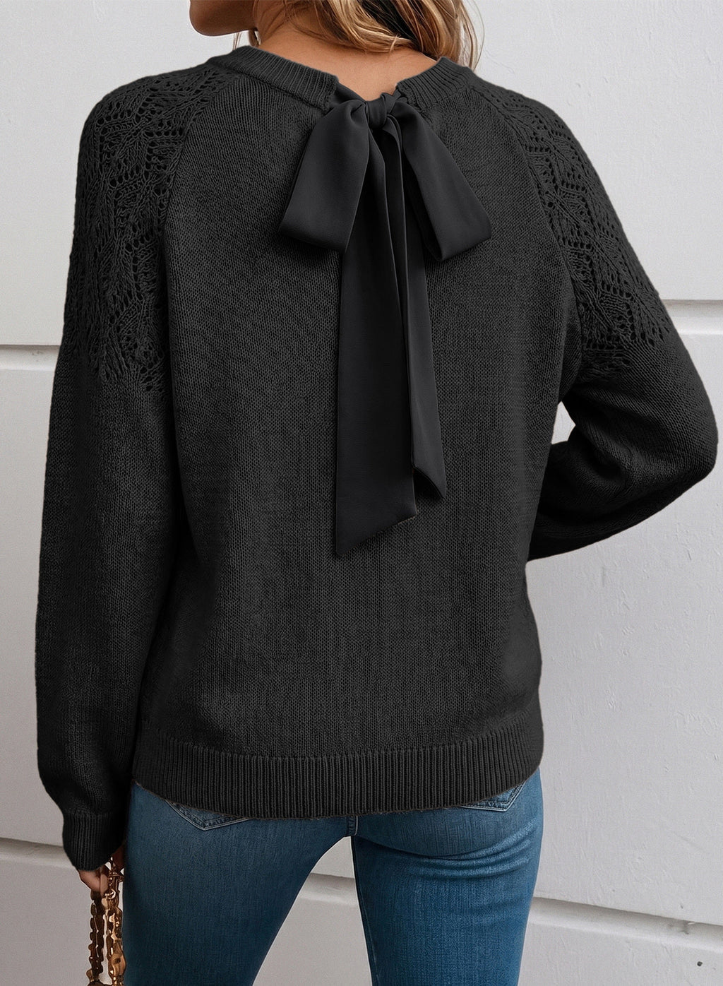 Dokotoo Sweaters for Women Crochet Hollow Out Bow Knot Crewneck Knit Tops