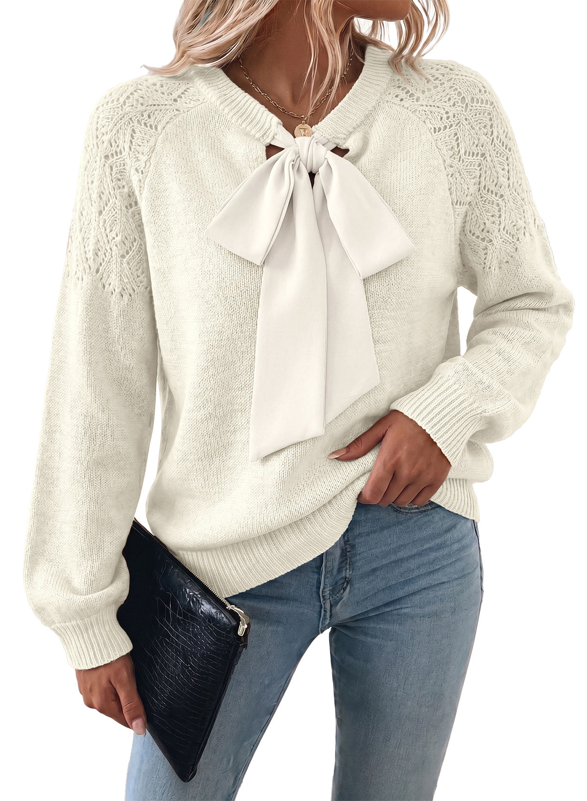 Dokotoo Sweaters for Women Crochet Hollow Out Bow Knot Crewneck Knit Tops