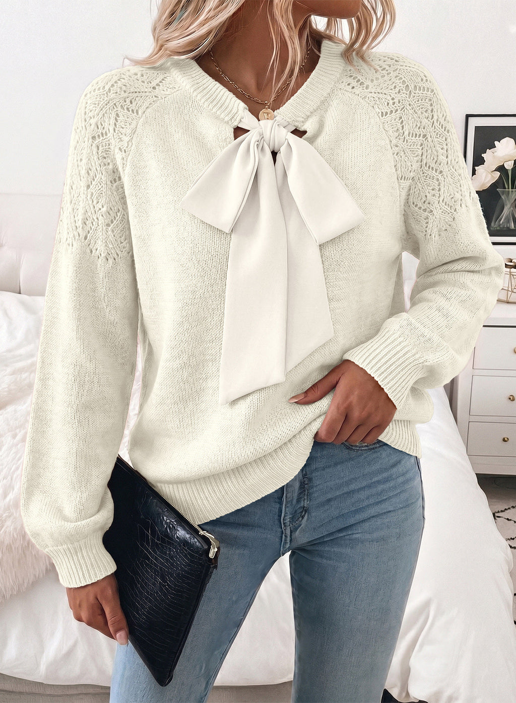 Dokotoo Sweaters for Women Crochet Hollow Out Bow Knot Crewneck Knit Tops