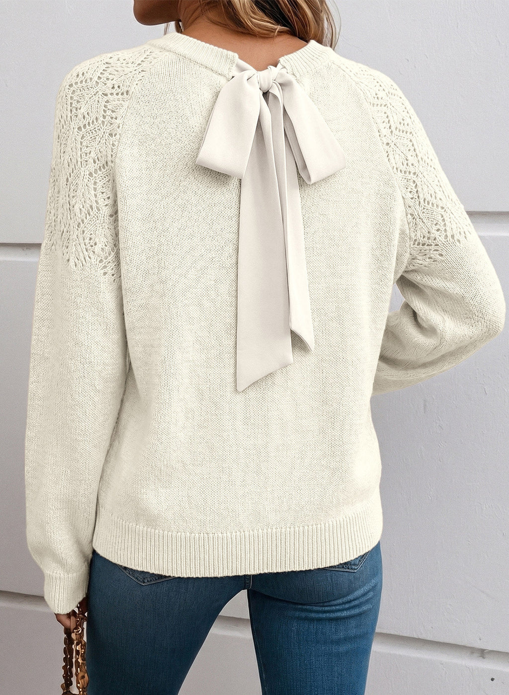 Dokotoo Sweaters for Women Crochet Hollow Out Bow Knot Crewneck Knit Tops