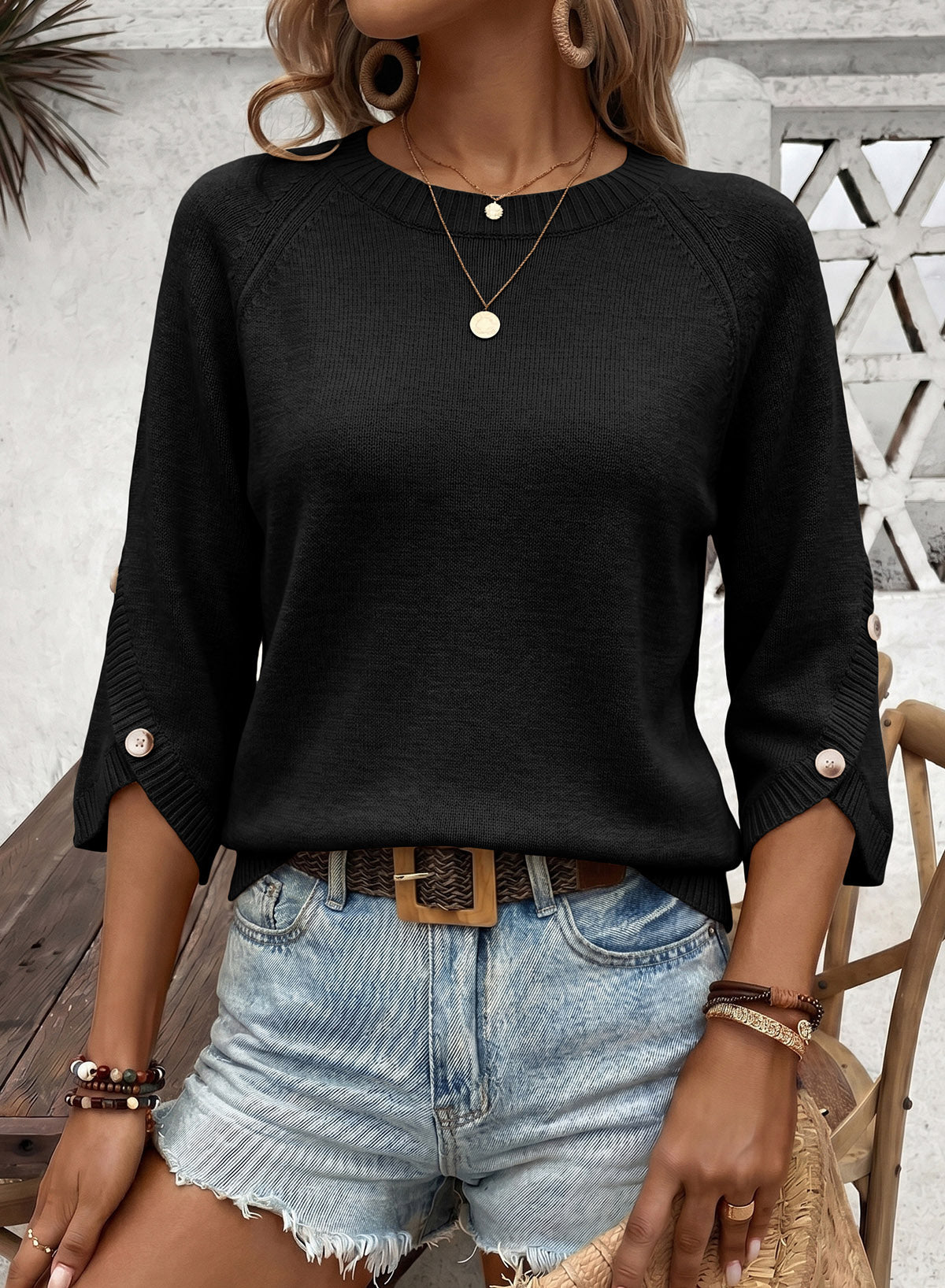 Womens Sweaters 3/4 Button Sleeve Crewneck Pullover Sweater Tops