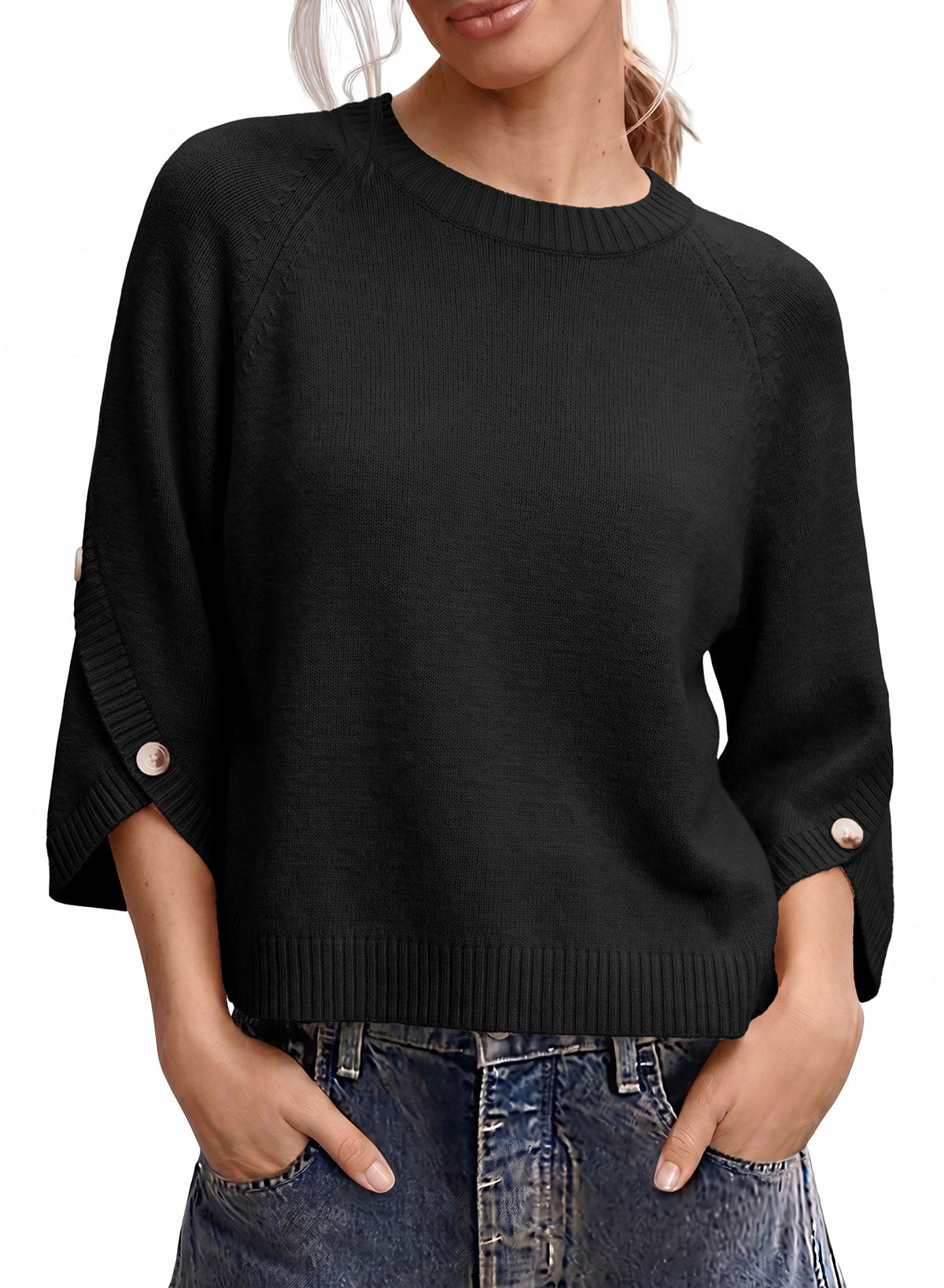 Womens Sweaters 3/4 Button Sleeve Crewneck Pullover Sweater Tops