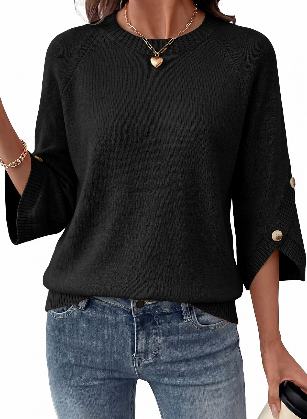 Womens Sweaters 3/4 Button Sleeve Crewneck Pullover Sweater Tops