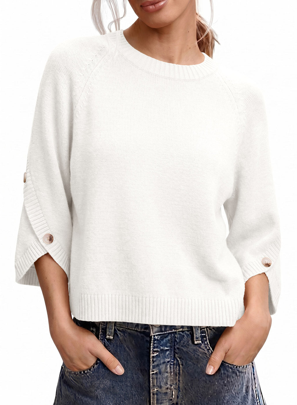 Womens Sweaters 3/4 Button Sleeve Crewneck Pullover Sweater Tops