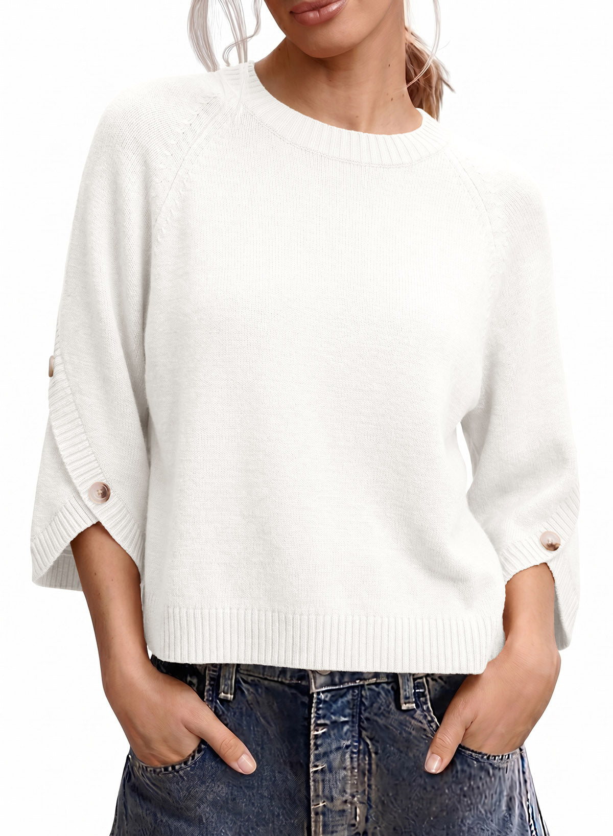 Womens Sweaters 3/4 Button Sleeve Crewneck Pullover Sweater Tops