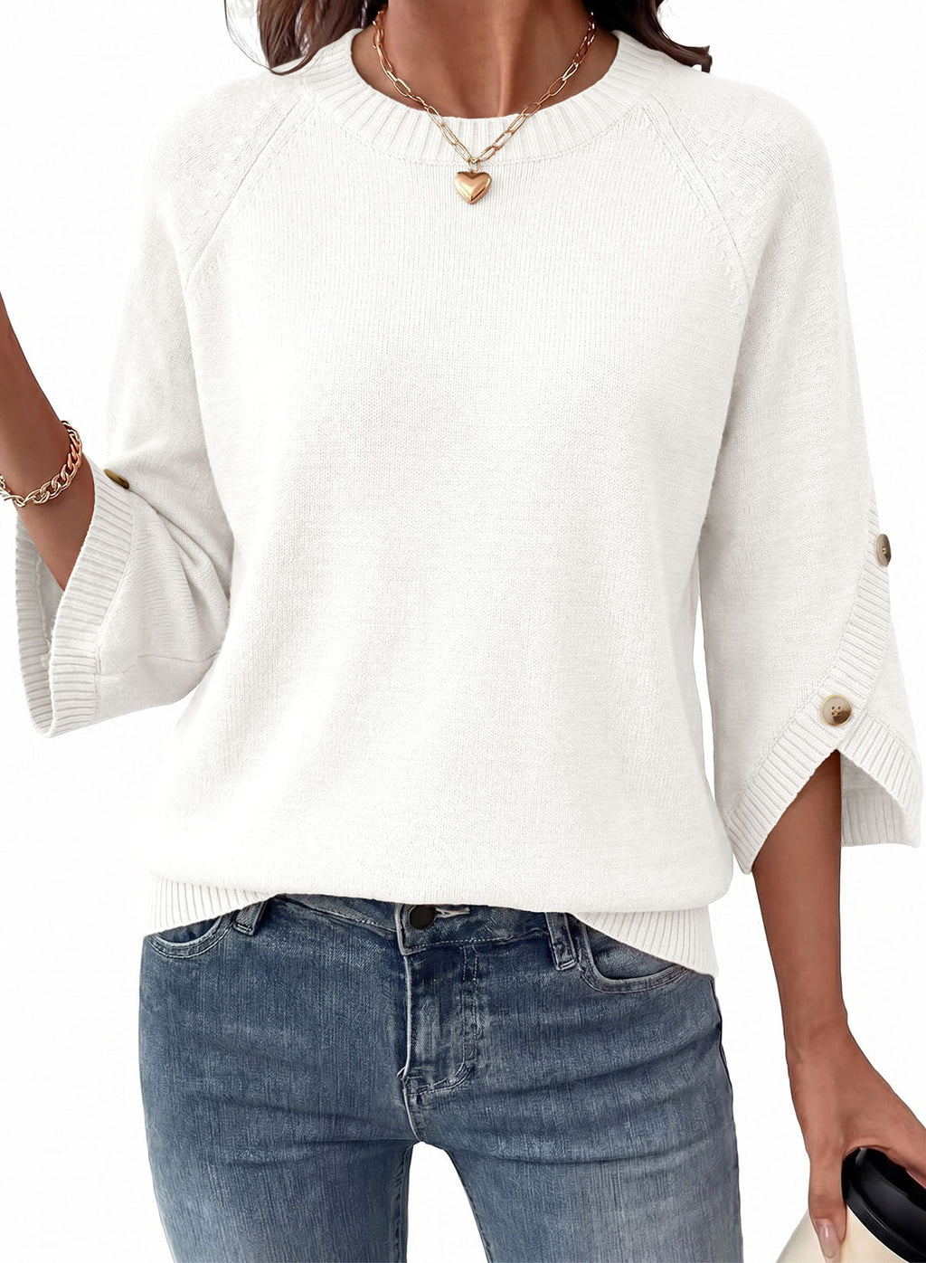 Womens Sweaters 3/4 Button Sleeve Crewneck Pullover Sweater Tops