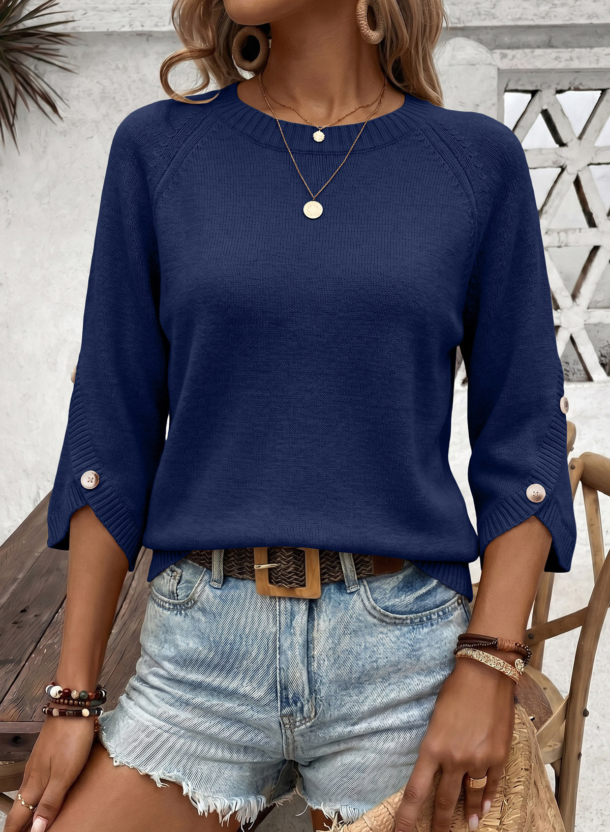 Womens Sweaters 3/4 Button Sleeve Crewneck Pullover Sweater Tops