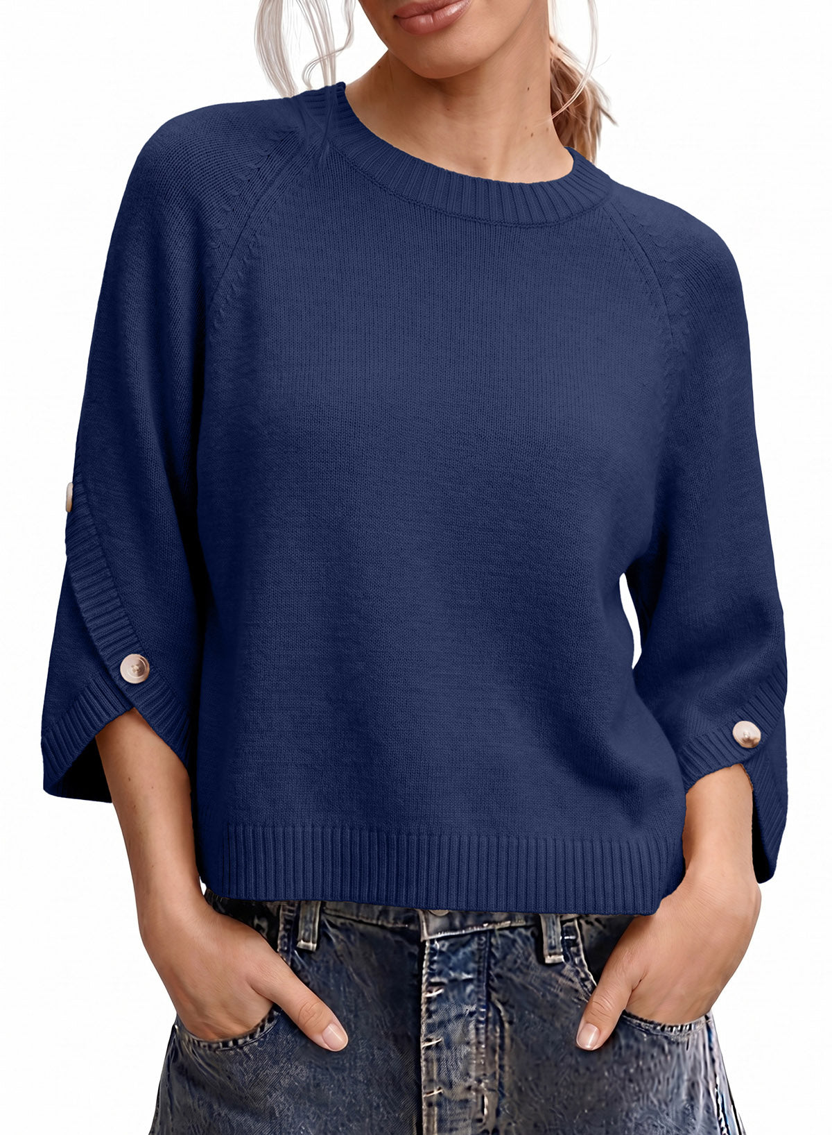 Womens Sweaters 3/4 Button Sleeve Crewneck Pullover Sweater Tops