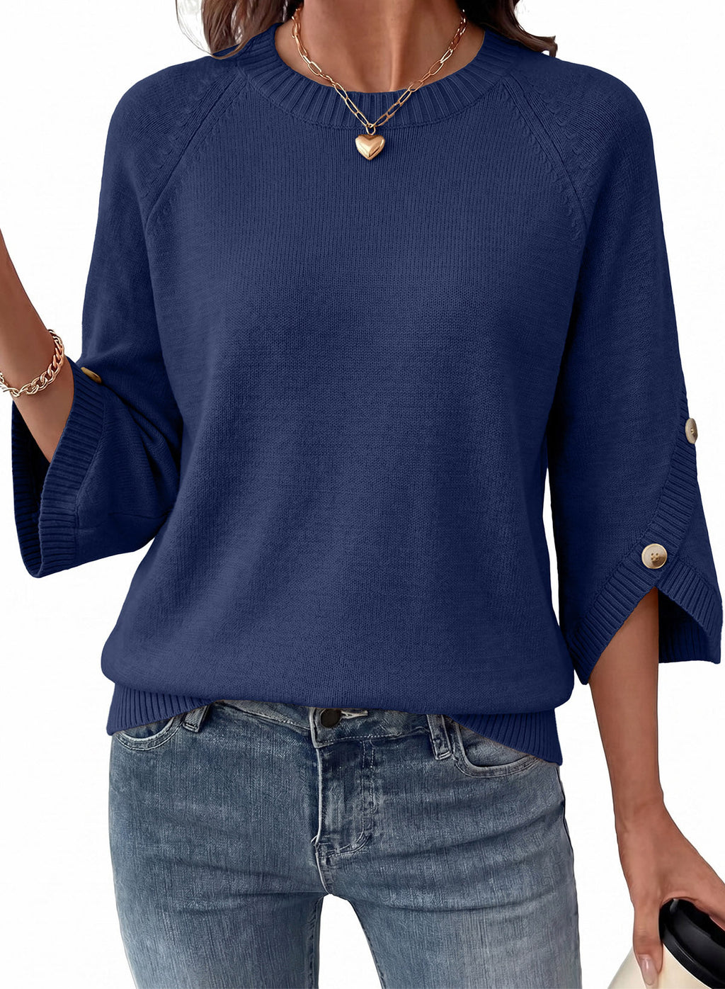 Womens Sweaters 3/4 Button Sleeve Crewneck Pullover Sweater Tops