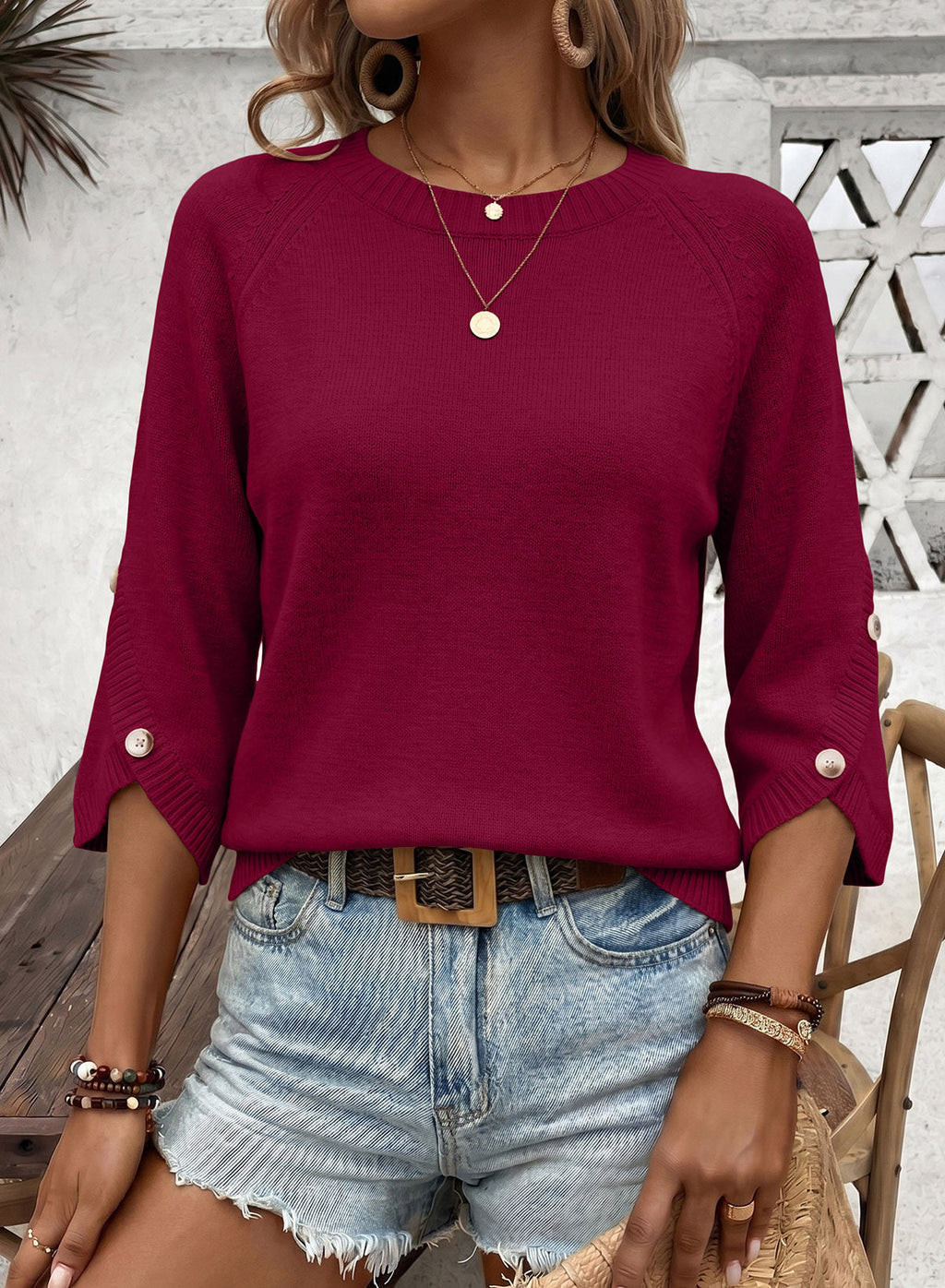 Womens Sweaters 3/4 Button Sleeve Crewneck Pullover Sweater Tops