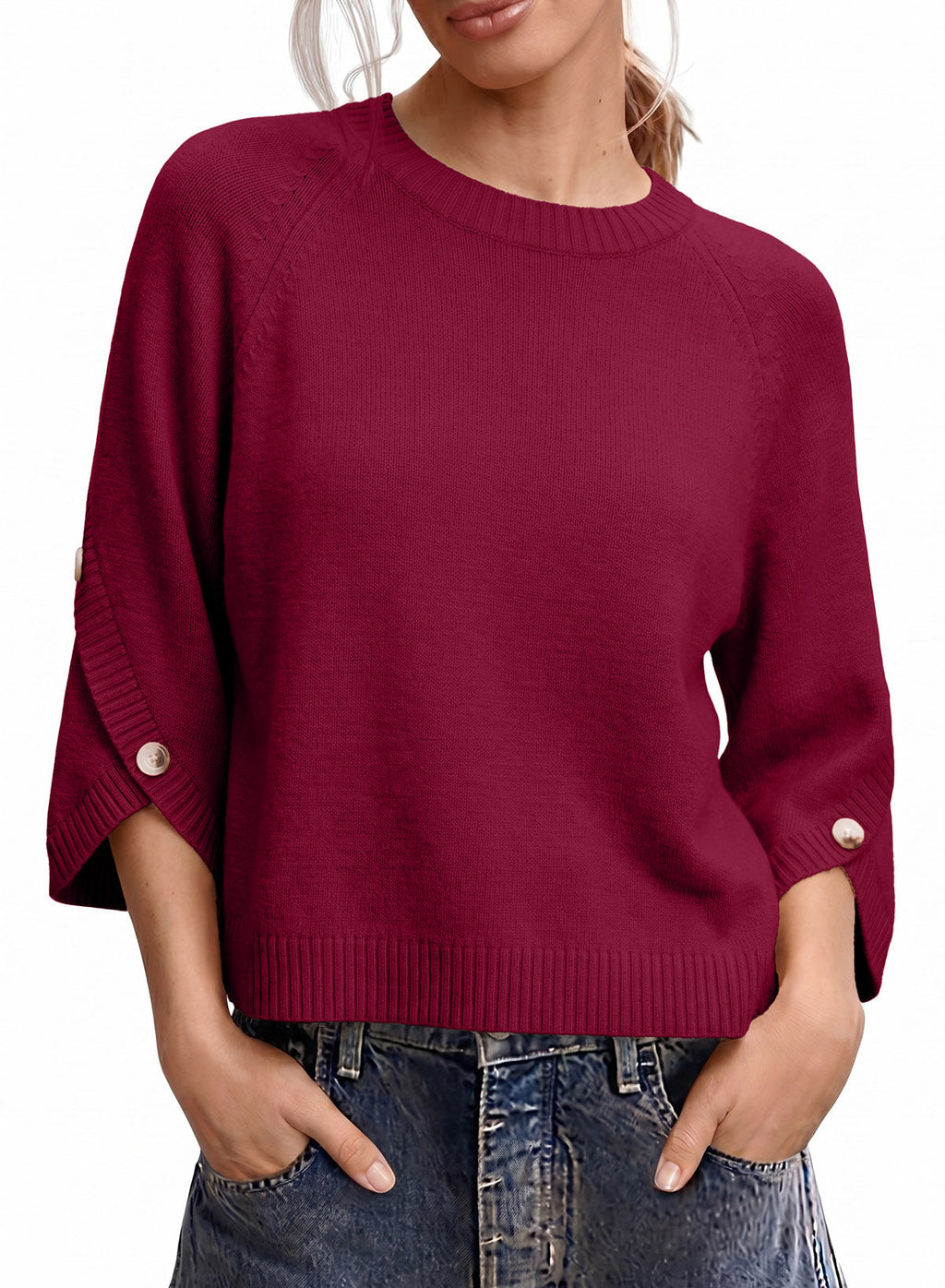 Womens Sweaters 3/4 Button Sleeve Crewneck Pullover Sweater Tops