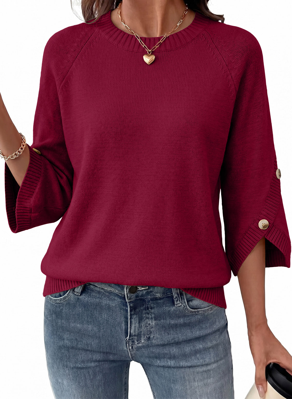Womens Sweaters 3/4 Button Sleeve Crewneck Pullover Sweater Tops