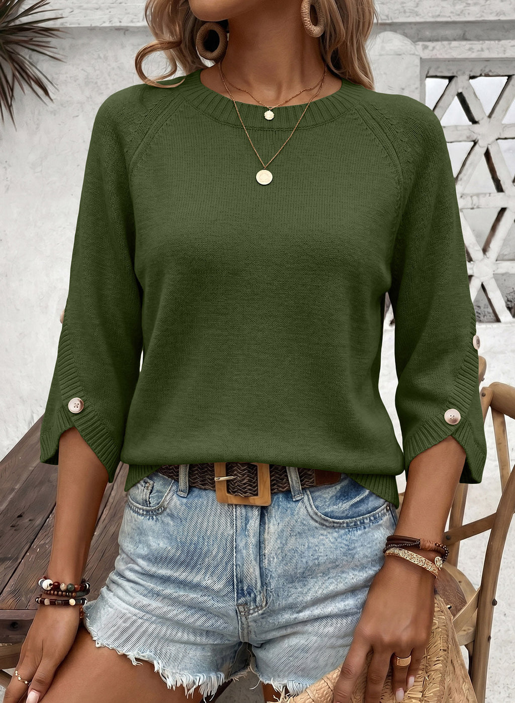 Womens Sweaters 3/4 Button Sleeve Crewneck Pullover Sweater Tops
