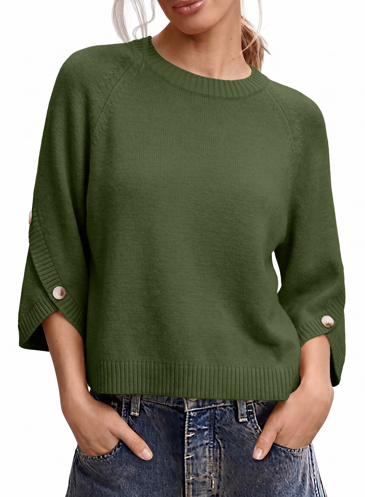 Womens Sweaters 3/4 Button Sleeve Crewneck Pullover Sweater Tops