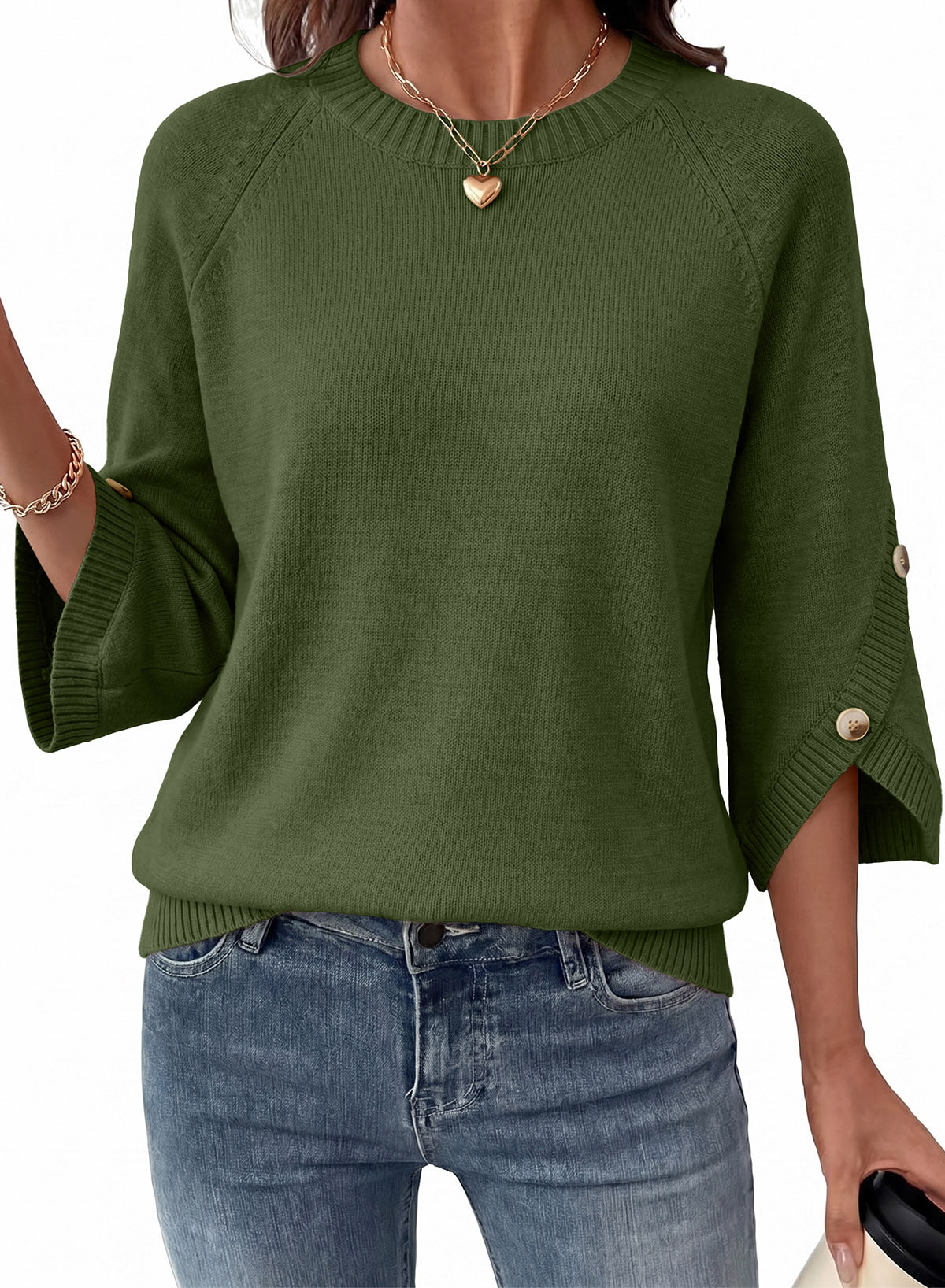Womens Sweaters 3/4 Button Sleeve Crewneck Pullover Sweater Tops