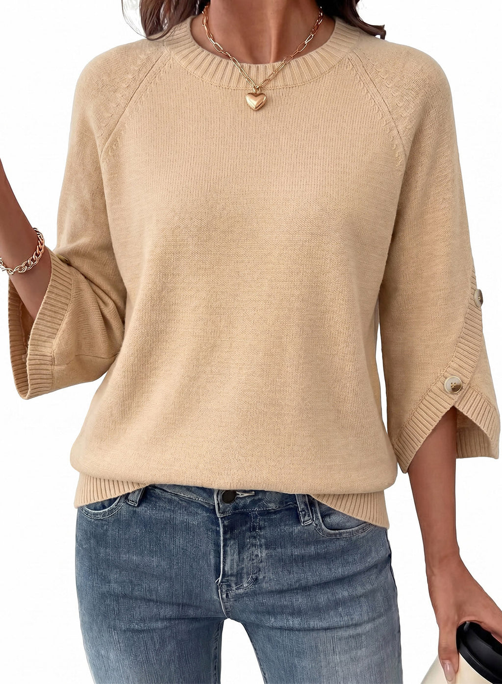 Womens Sweaters 3/4 Button Sleeve Crewneck Pullover Sweater Tops