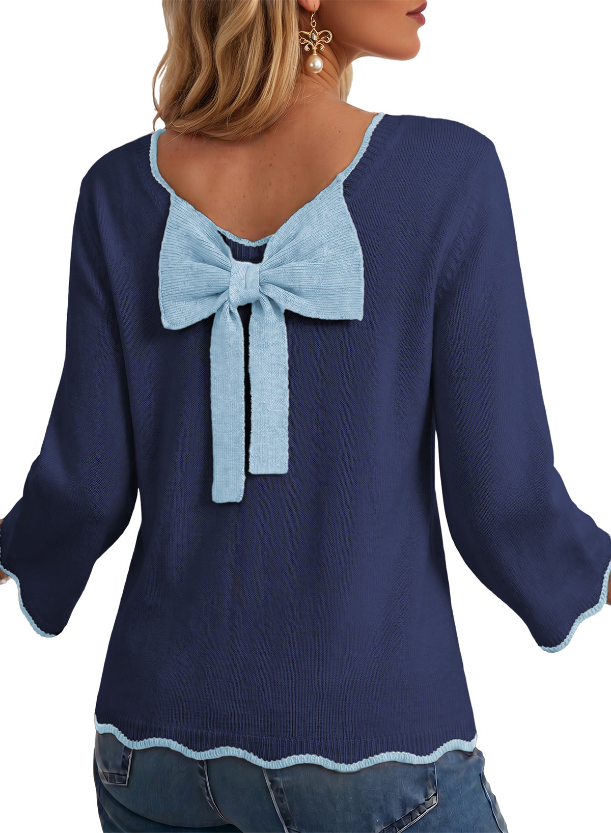 Sweaters for Women Long Sleeve Back Bow Sweaters Fall Pullover Tops