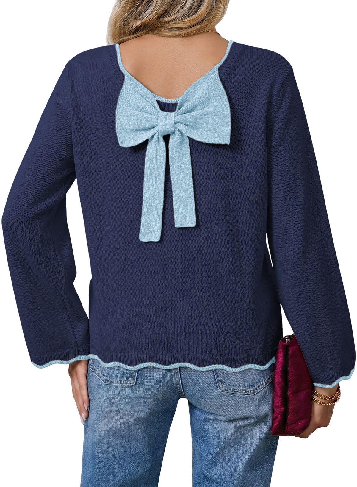 Sweaters for Women Long Sleeve Back Bow Sweaters Fall Pullover Tops