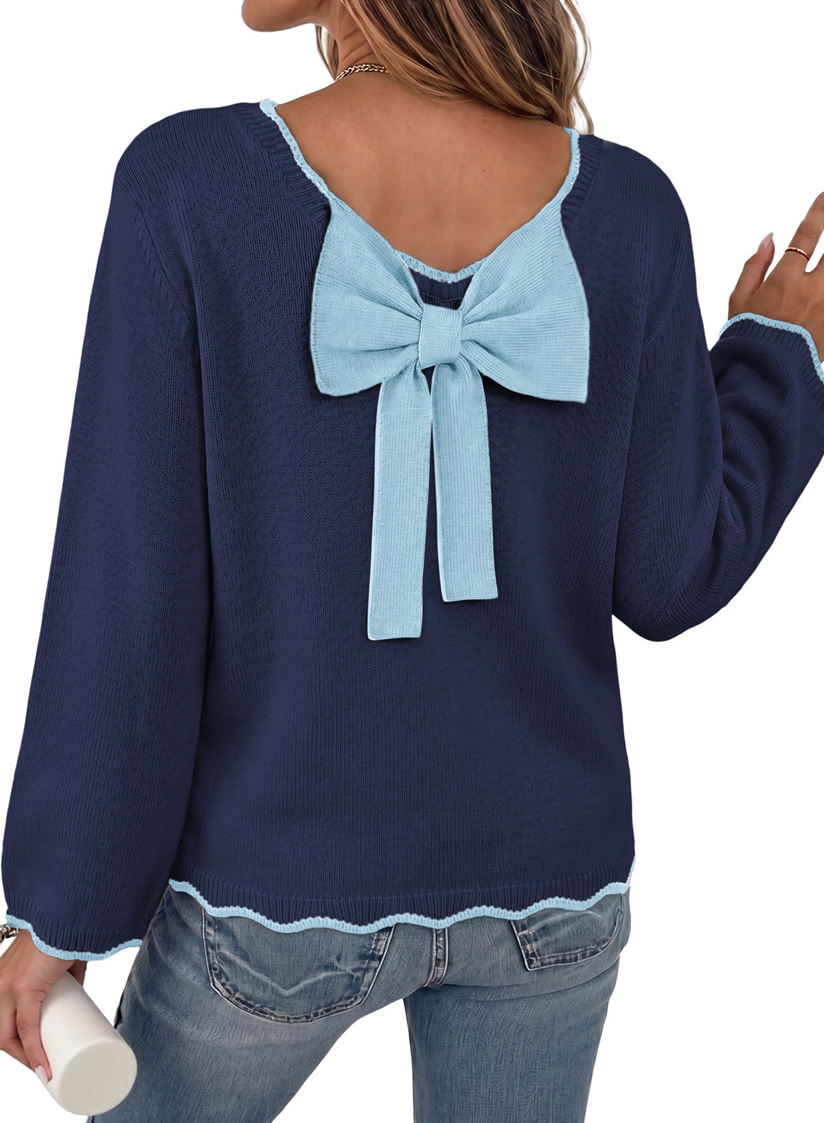 Sweaters for Women Long Sleeve Back Bow Sweaters Fall Pullover Tops