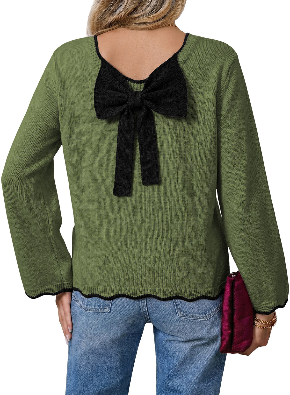 Sweaters for Women Long Sleeve Back Bow Sweaters Fall Pullover Tops