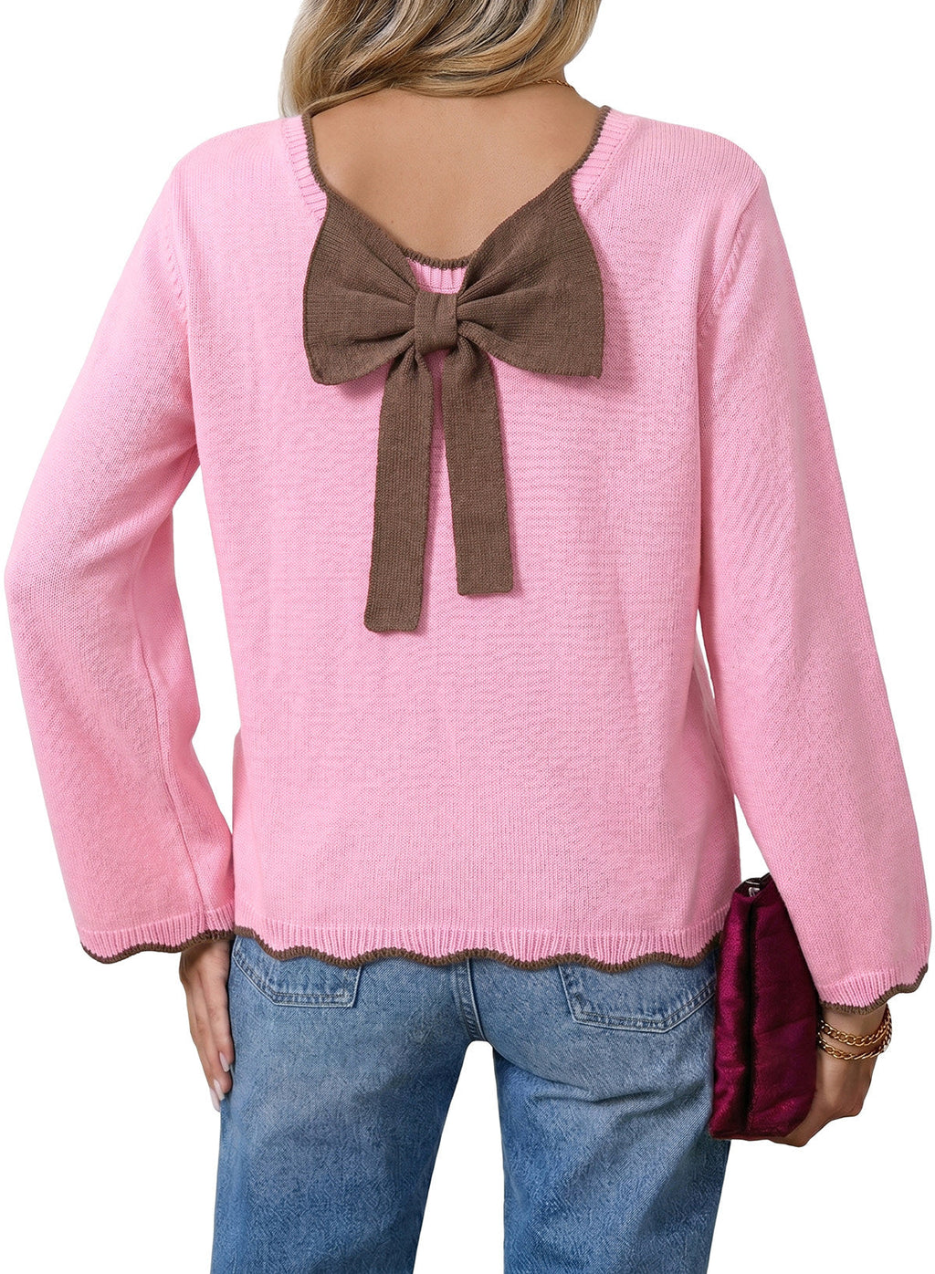 Sweaters for Women Long Sleeve Back Bow Sweaters Fall Pullover Tops
