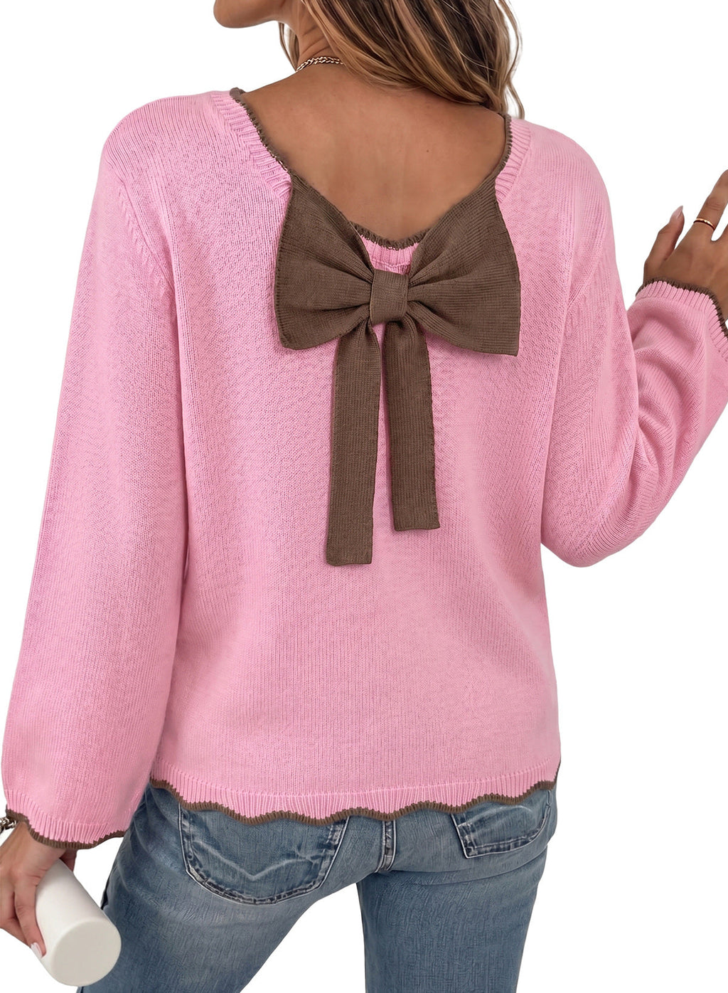Sweaters for Women Long Sleeve Back Bow Sweaters Fall Pullover Tops