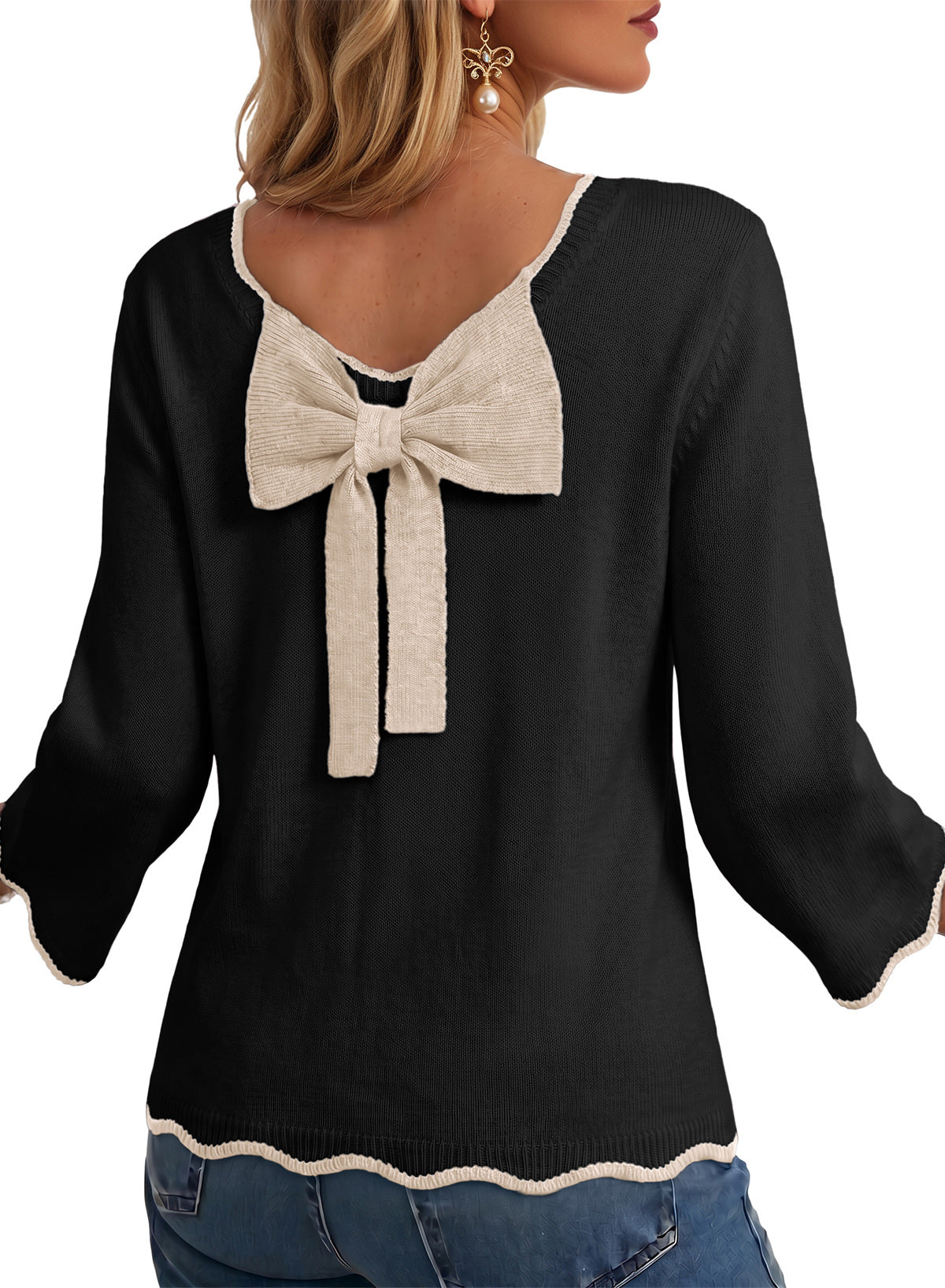 Sweaters for Women Long Sleeve Back Bow Sweaters Fall Pullover Tops