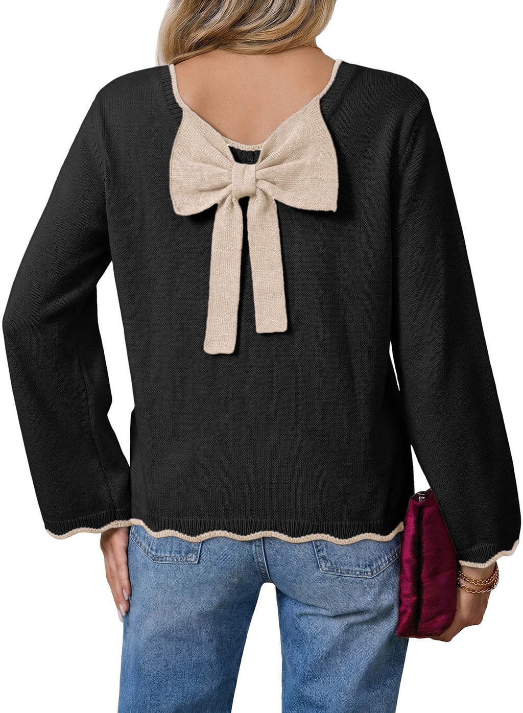 Sweaters for Women Long Sleeve Back Bow Sweaters Fall Pullover Tops